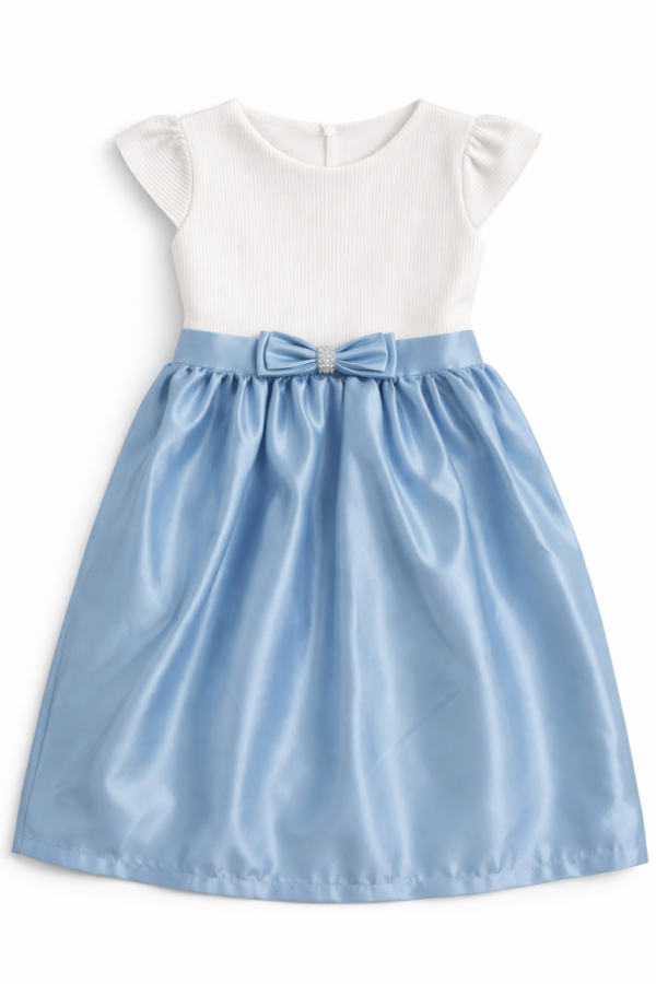 Vestido Elegante Blanco y Celeste con Lazo para Niña – Talla 12