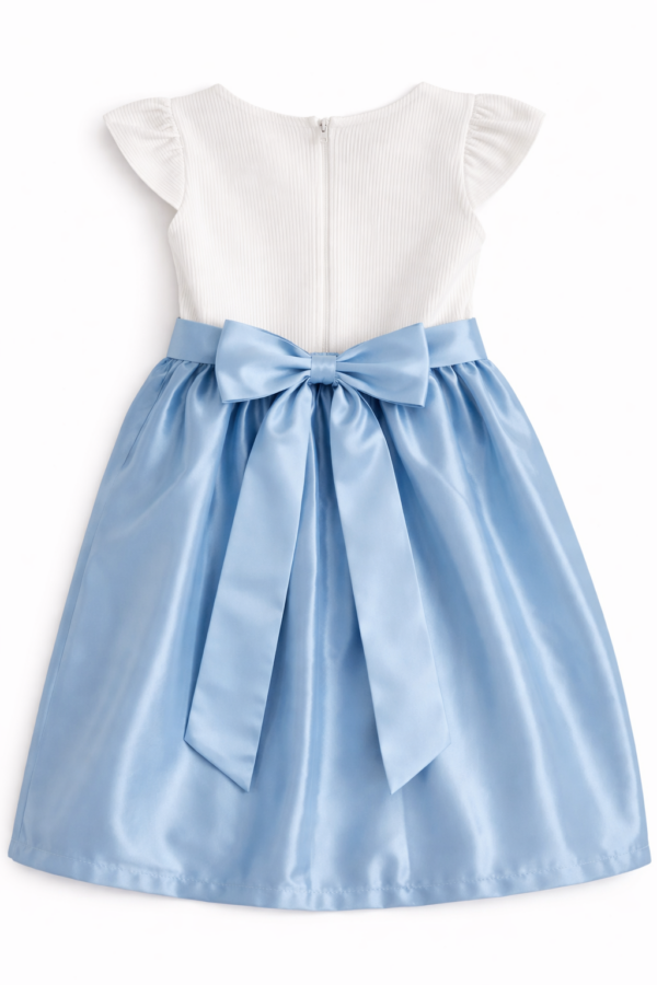 Vestido Elegante Blanco y Celeste con Lazo para Niña – Talla 12